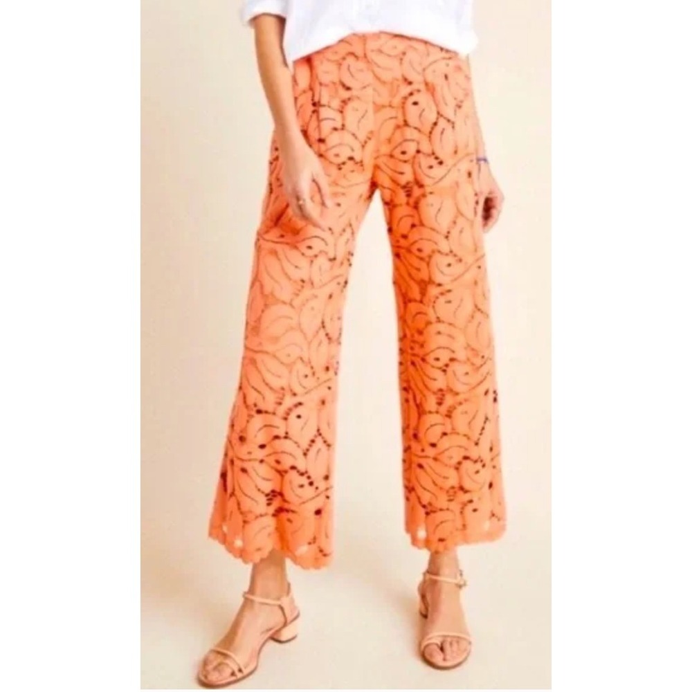 Anthropologie Dolly Lace Wide Leg Crop Pants Sz 0 Terracotta Orange Eyelet Ankle